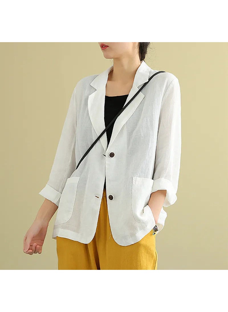 1 x 5 pcs Stylish Cotton Linen Blazer Casual Summer Women Light blue