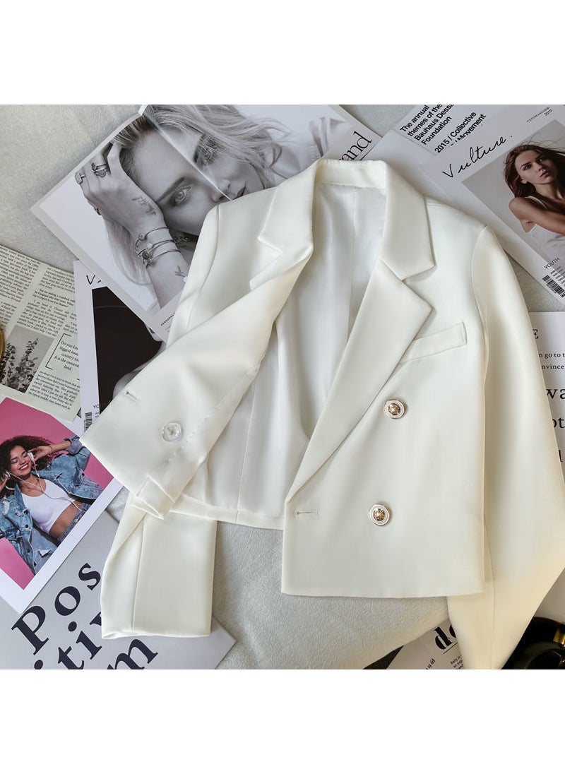 2023 Fall Chic White Blazer Women Slim Fit Casual Long Sleeve Short Creamy-white