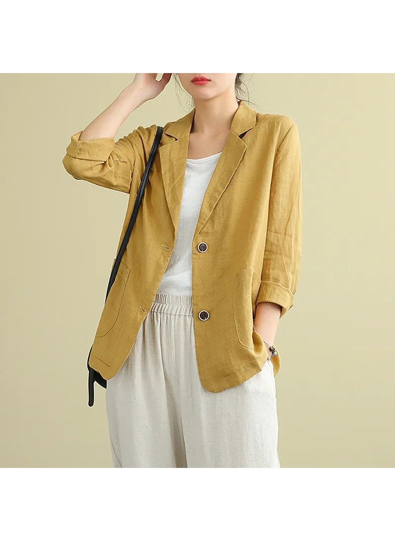 1 x 5 pcs Stylish Cotton Linen Blazer Casual Summer Women Apricot