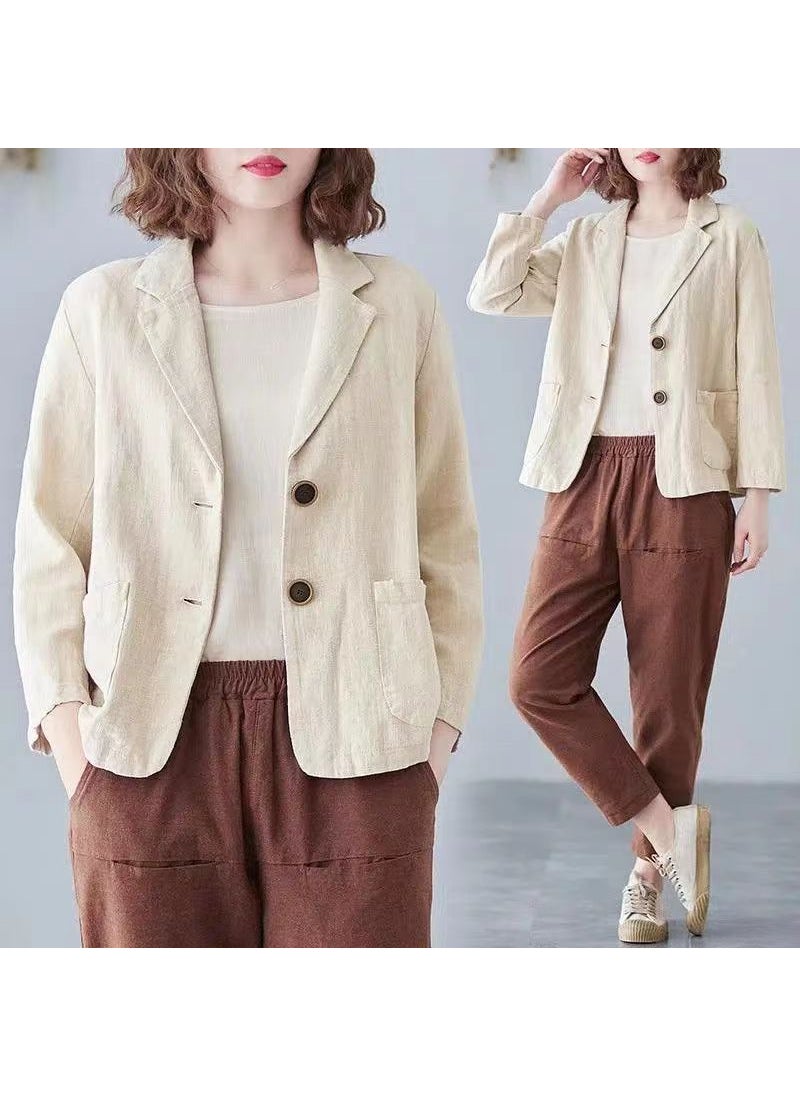 1 x 5 pcs Stylish Cotton Linen Blazer Casual Summer Women Apricot