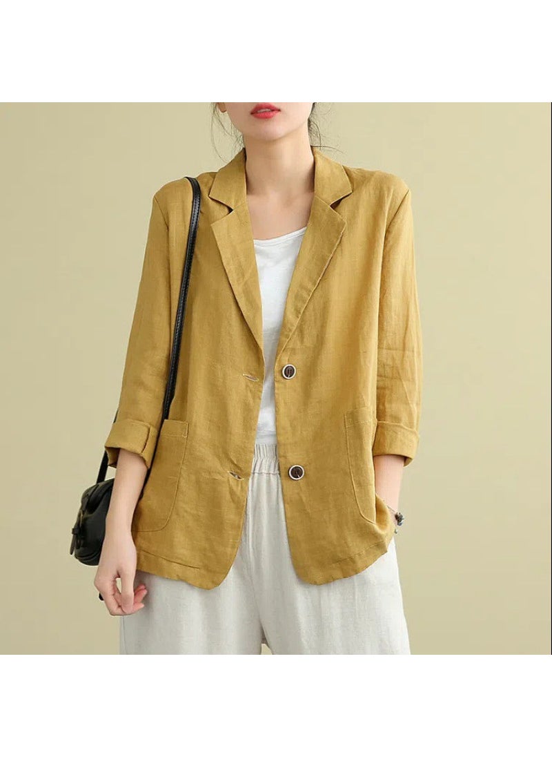 1 x 5 pcs Stylish Cotton Linen Blazer Casual Summer Women Apricot