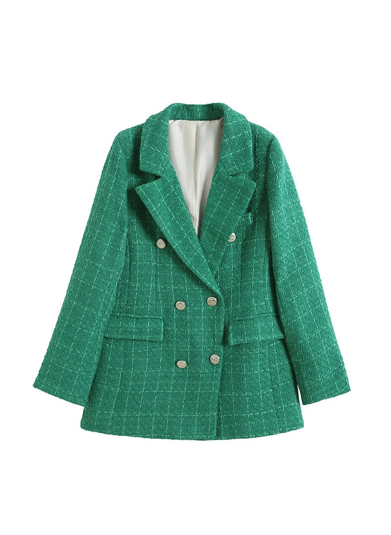 2023 New Womens Textured Double-Breasted Mid-Length Blazer Green