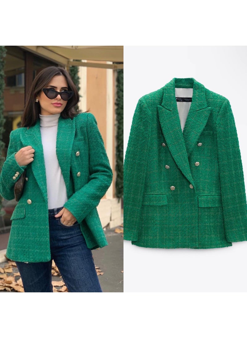 2023 New Womens Textured Double-Breasted Mid-Length Blazer Green