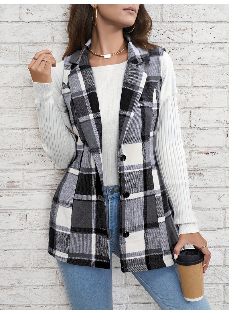 1 x 5 pcs Fashion Checked Blazer Vest Women Autumn Spring dark gray