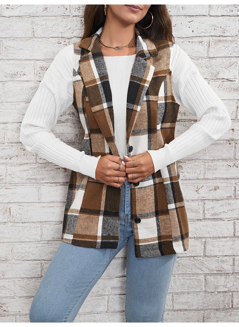 1 x 5 pcs Fashion Checked Blazer Vest Women Autumn Spring Jujube