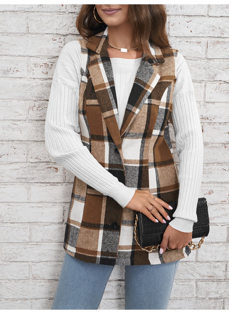 1 x 5 pcs Fashion Checked Blazer Vest Women Autumn Spring Jujube