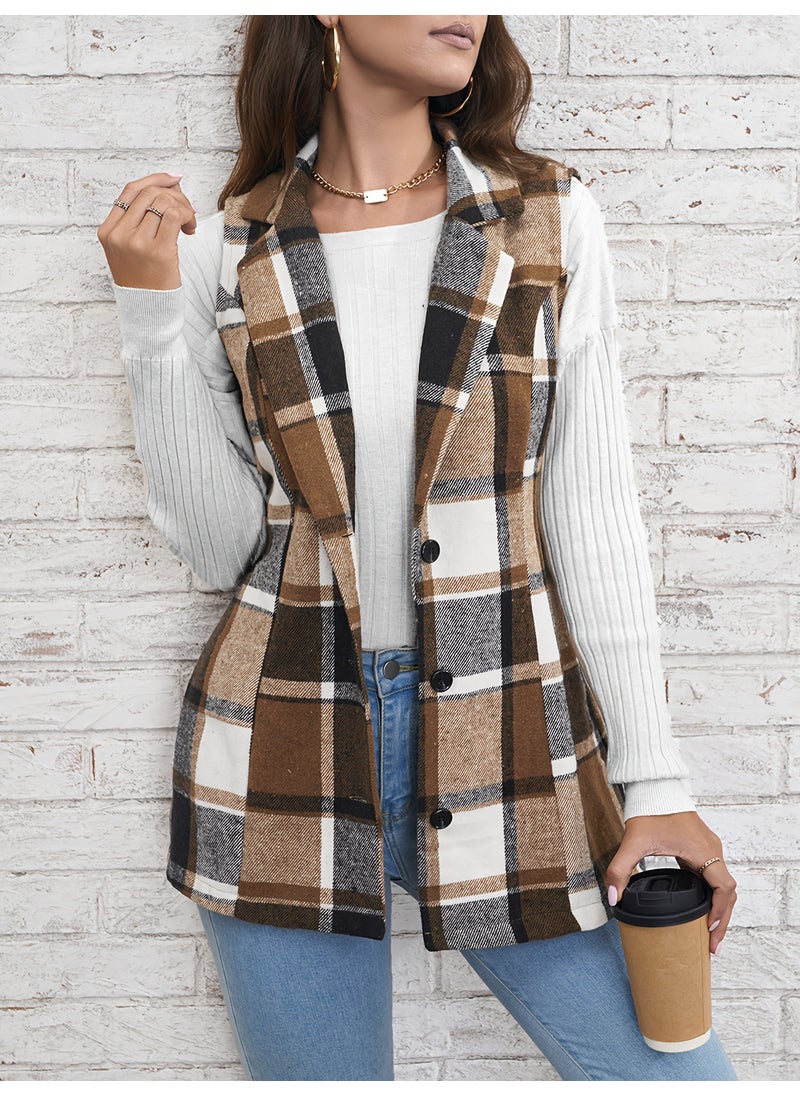 1 x 5 pcs Fashion Checked Blazer Vest Women Autumn Spring Jujube