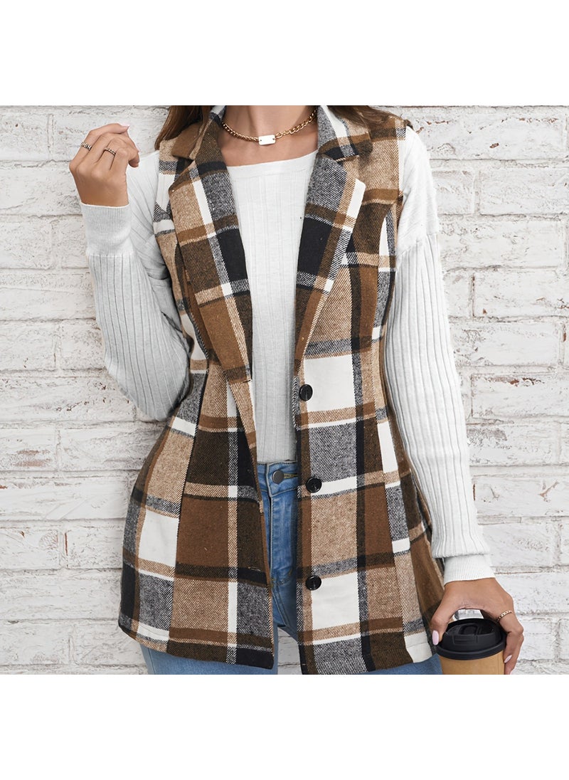 1 x 5 pcs Fashion Checked Blazer Vest Women Autumn Spring Jujube