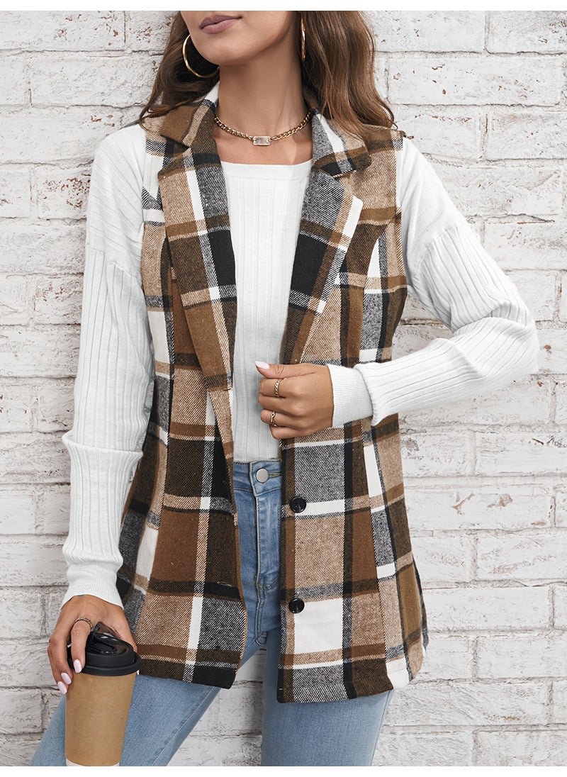 1 x 5 pcs Fashion Checked Blazer Vest Women Autumn Spring Jujube