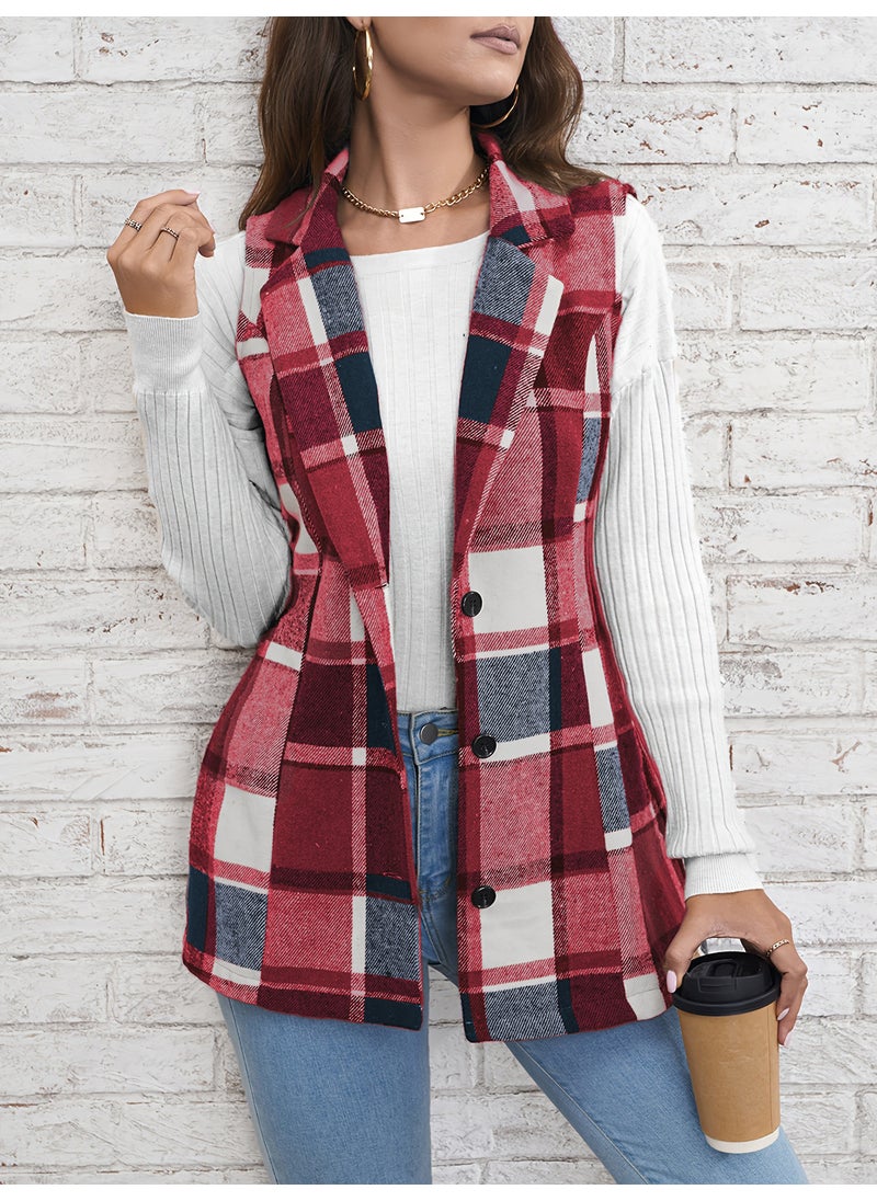 1 x 5 pcs Fashion Checked Blazer Vest Women Autumn Spring Jujube