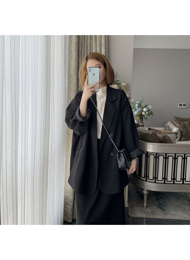 Black Textured Blazer Women Spring Autumn Korean Loose Fit Coat Black