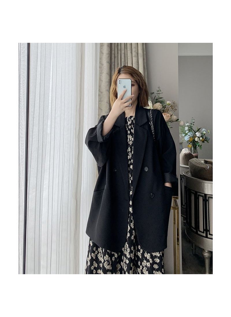 Black Textured Blazer Women Spring Autumn Korean Loose Fit Coat Black