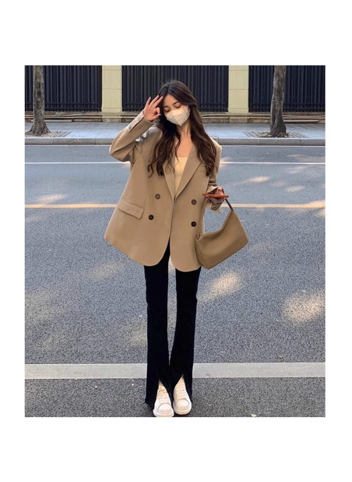 Chic Coffee Color Blazer Women 2023 Spring Autumn Casual Korean Jacket Brown color (with lining)