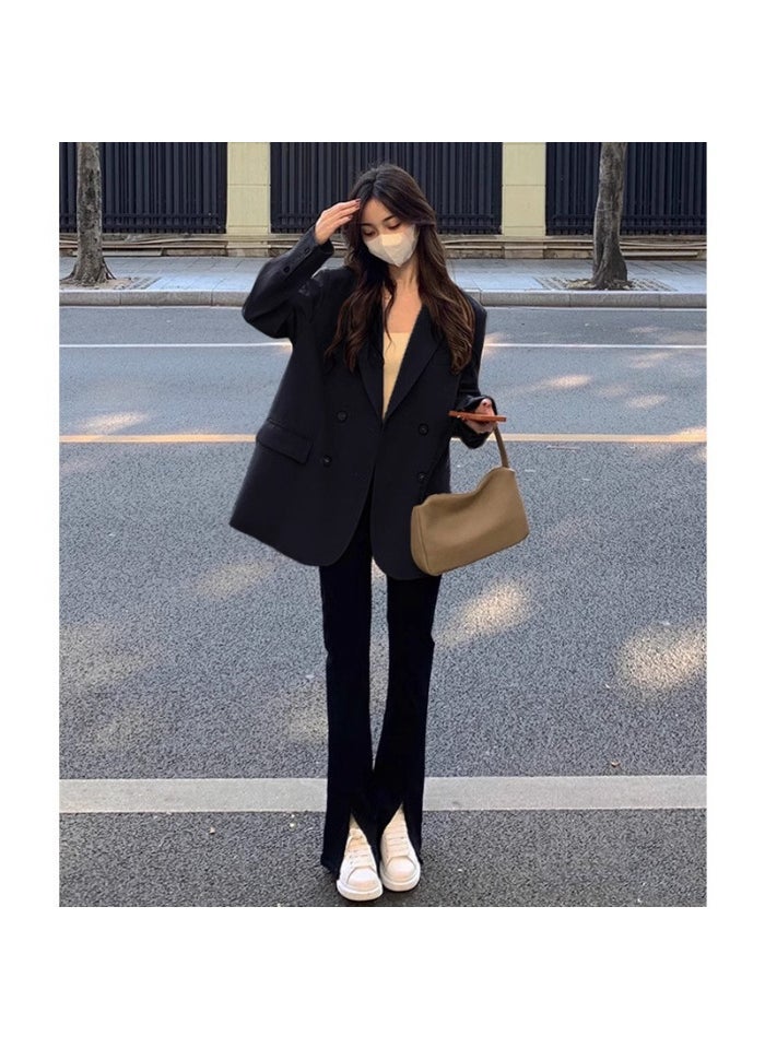 Chic Coffee Color Blazer Women 2023 Spring Autumn Casual Korean Jacket Black (with lining)