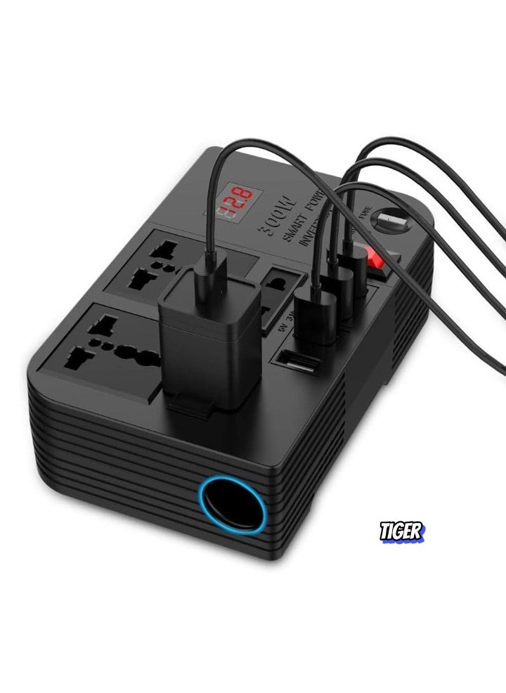 300W Car Inverter – Power Up Your Devices with 12V/24V DC to 220V AC Conversion, 4 Quick Charge USB Ports, Compact and Efficient Power Solution for Travel, Camping, Road Trips, and Emergency Use