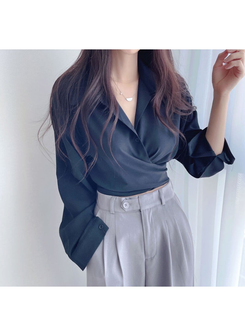 1 x 5 pcs 2024 Korean Spring Autumn Vintage Slim Waist Tie Cropped Womens Shirt Black