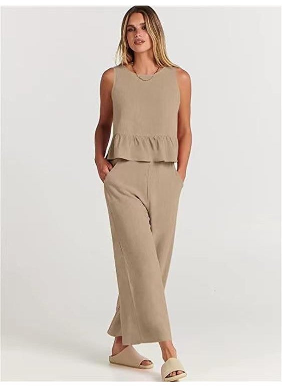 1 x 5 pcs 2023 Summer Fashion Sleeveless Pleated Vest and Wide-Leg Cropped Pants Set for Women Khaki