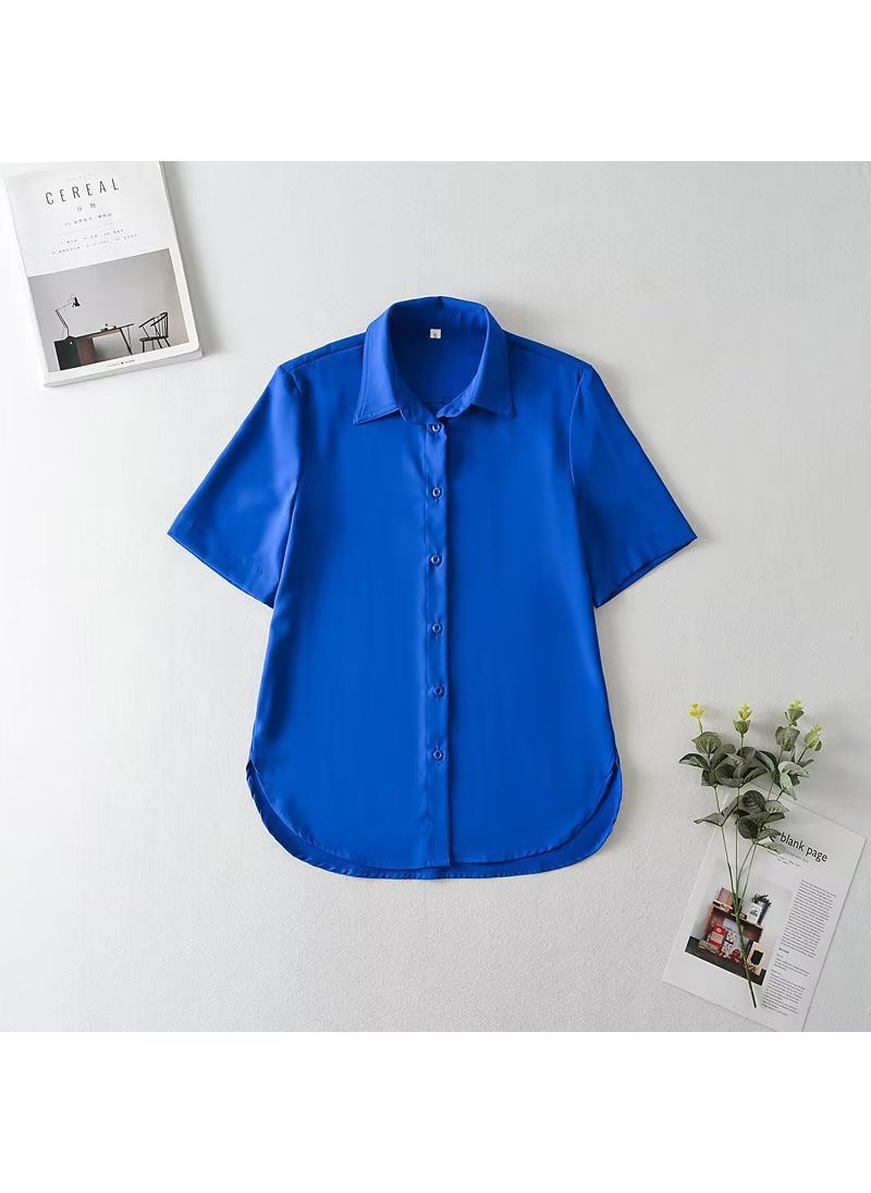 2023 Summer Split Satin Short Sleeve Blouse Blue