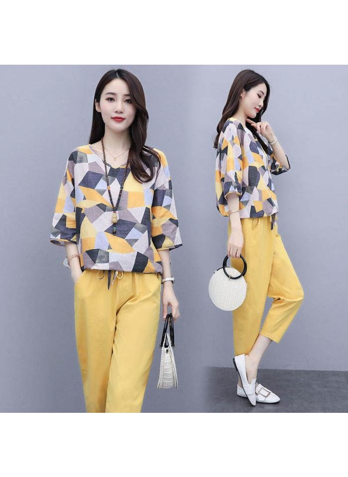 1 x 5 pcs 2021 Summer Chic Casual Womens Printed Slimming Two-Piece Set Yellow