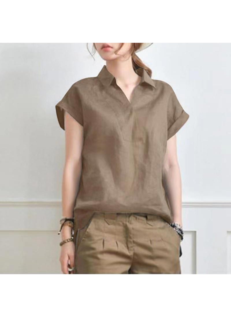 1 x 5 pcs 2023 Casual Cotton Linen Solid Color Womens Short Sleeve Shirt Khaki