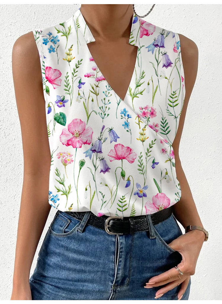 2023 Summer V-Neck Floral Womens Blouse Pink Flower