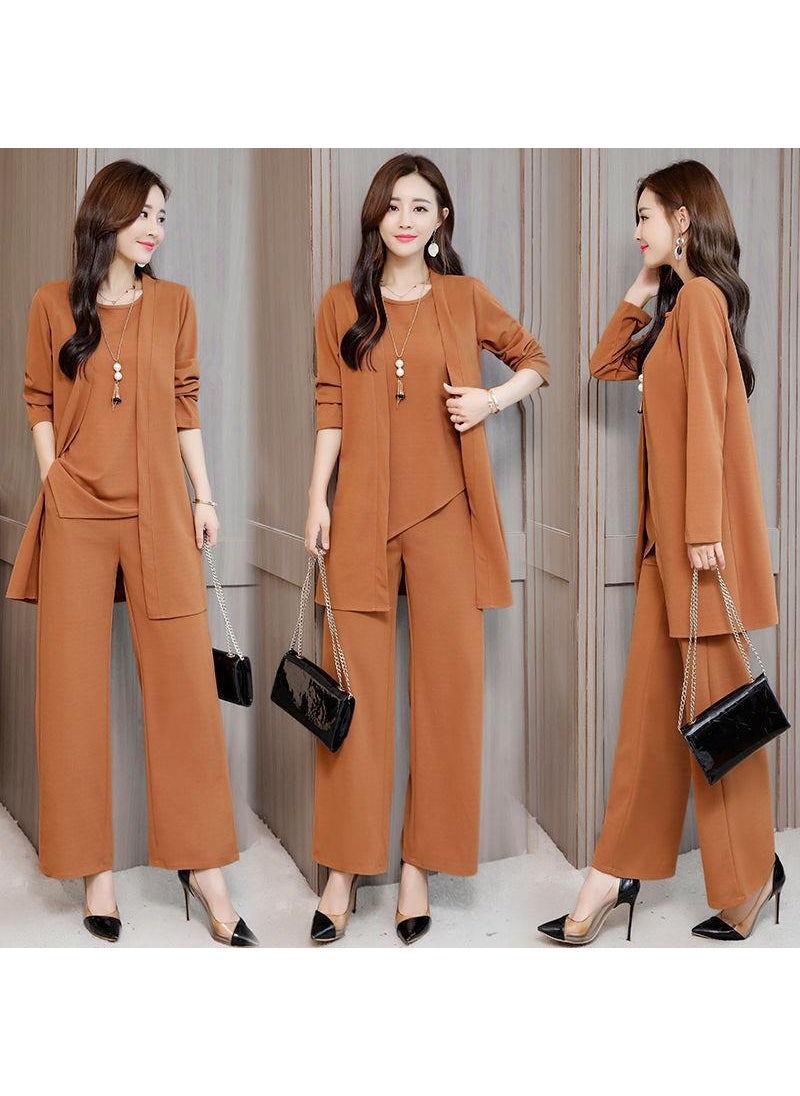 1 x 5 pcs 2021 Spring Autumn Fashion Casual Womens Vest  Wide Leg Pants Suit Caramel