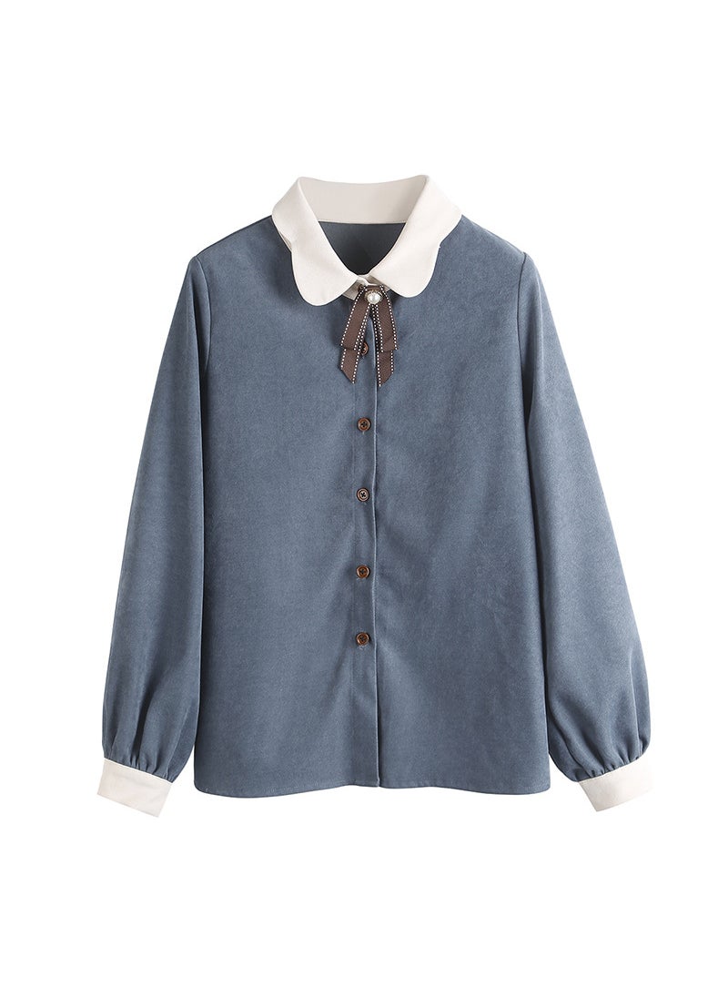 Spring Autumn Retro Chinese Blouse for Girls Blue