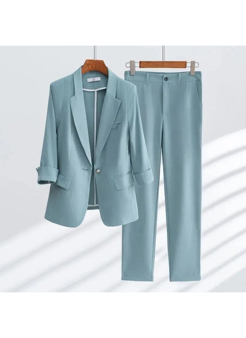 1 x 5 pcs Summer Chic Thin Business Suit Womens Green Outfit Blue