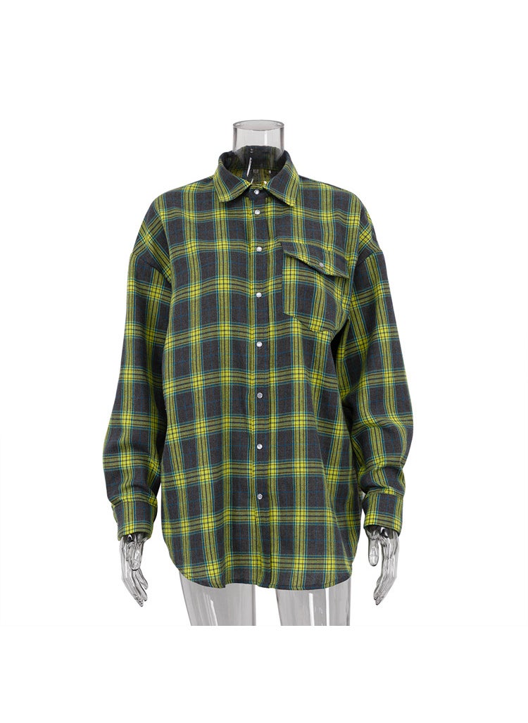 Retro Plaid Loose Collar Shirt Womens Long Sleeve Yellow