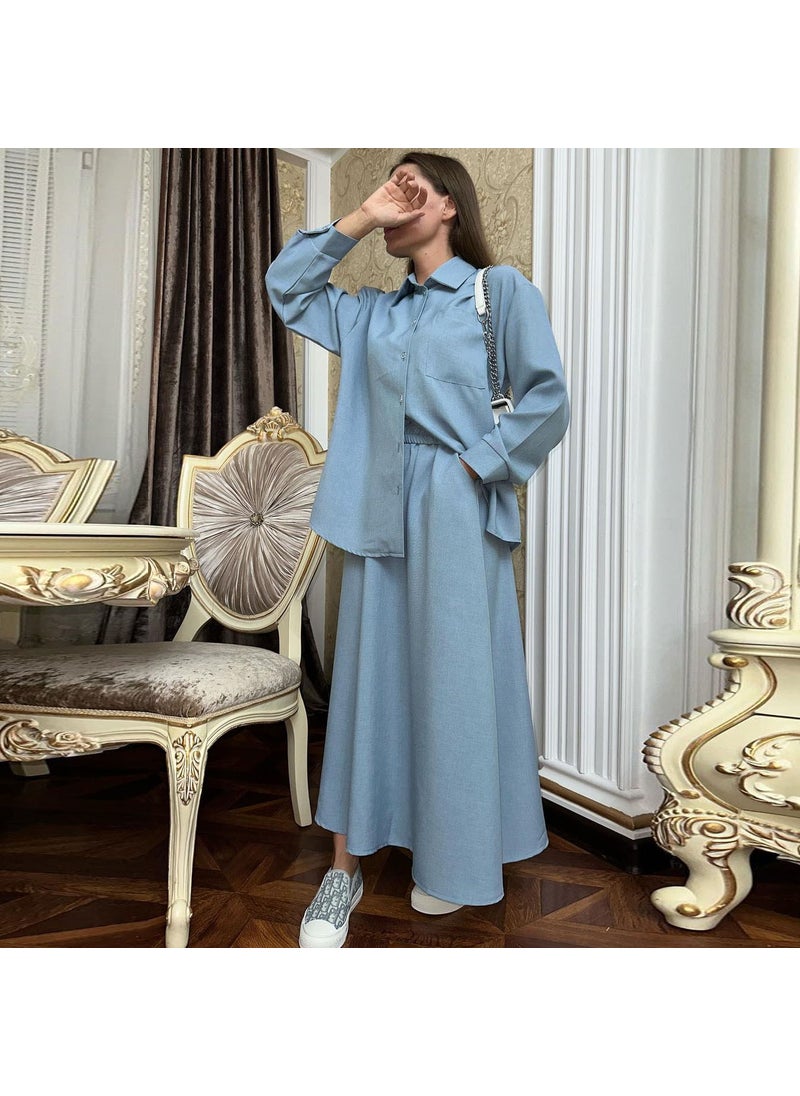 2024 Spring Casual Womens Long-Sleeve Shirt Skirt Set IQ123 Blue