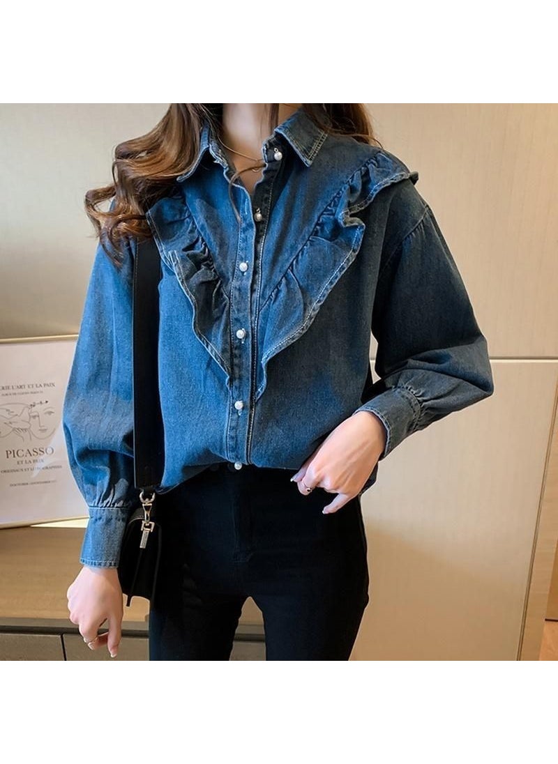 Plus Size Denim Shirt Womens Long Sleeve Slimming Spring Autumn Fashion Blue