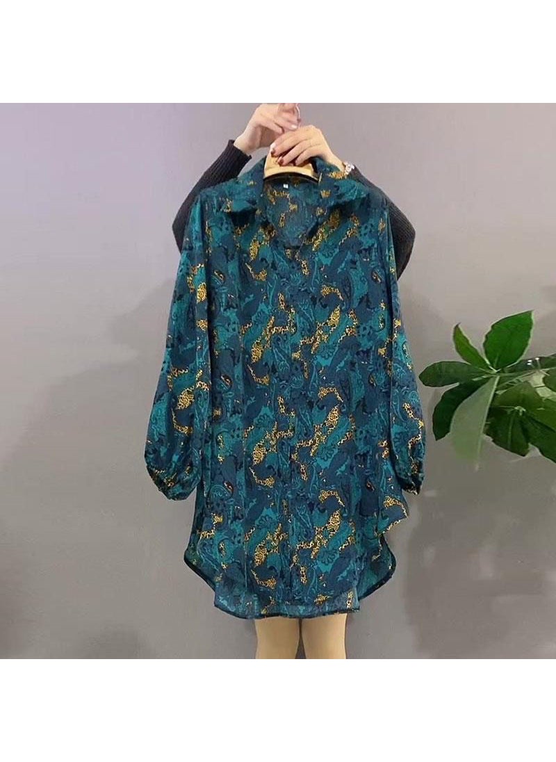 2023 Spring Plus Size Casual Floral Shirt for Women Peacock Blue