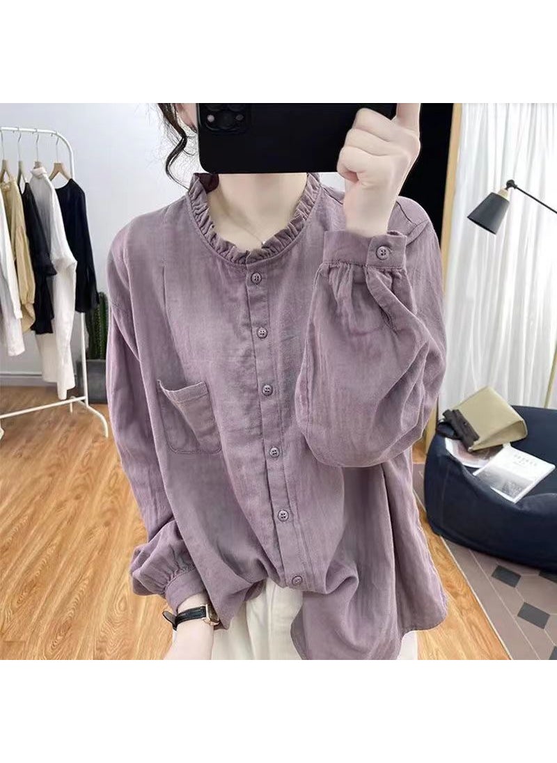 2023 Spring Autumn Cotton Linen Shirt for Women Taro purple