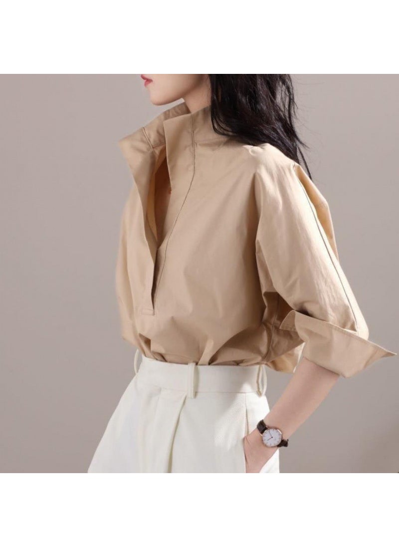 2023 Batwing Collar White Shirt for Women Khaki [stand collar 8801#]#]