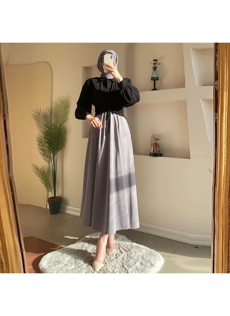 2024 Spring Fashion Casual Womens Long Sleeve Shirt Skirt Set IQ214 black top suit