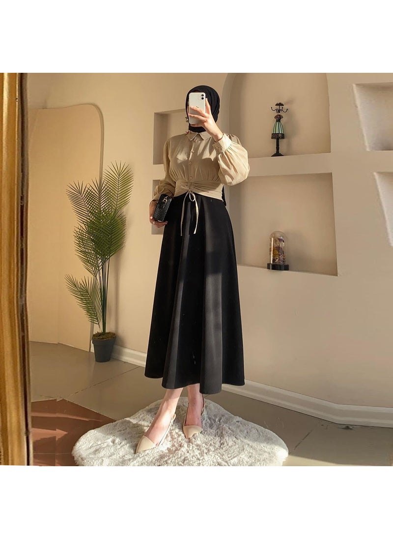 2024 Spring Fashion Casual Womens Long Sleeve Shirt Skirt Set IQ214 khaki top suit