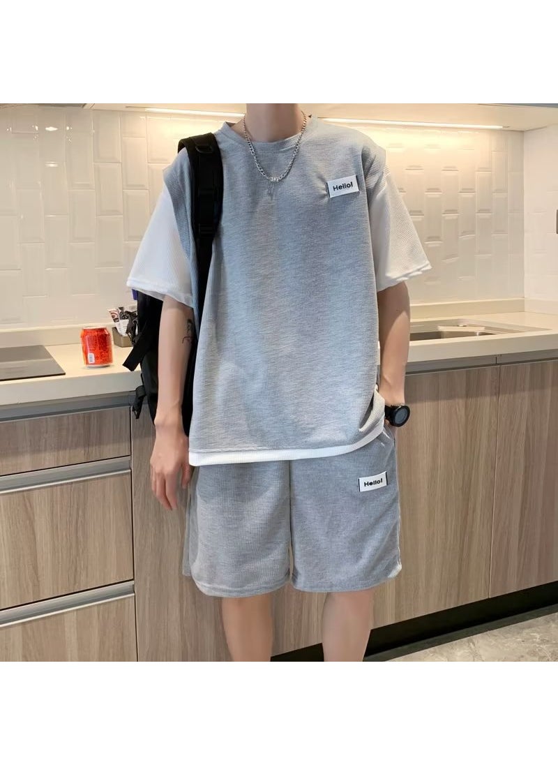 1 x 5 pcs Summer Trendy Harajuku Mens Fashion T-shirt Casual Sports Suit Grey