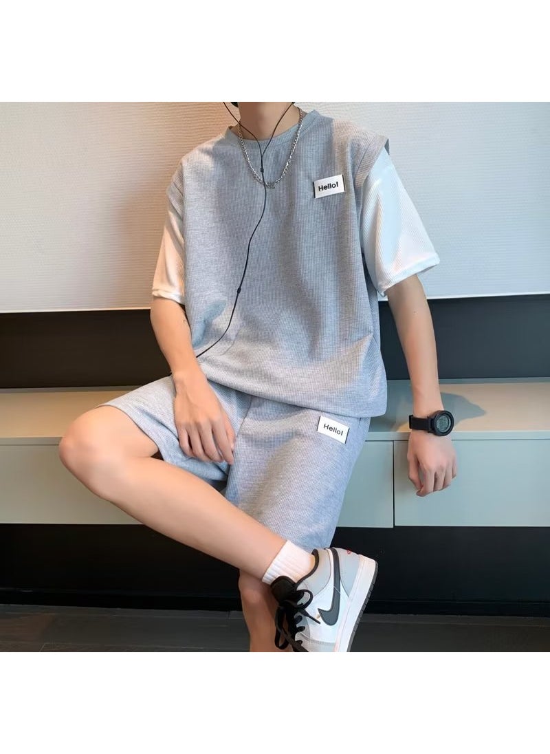 1 x 5 pcs Summer Trendy Harajuku Mens Fashion T-shirt Casual Sports Suit Grey