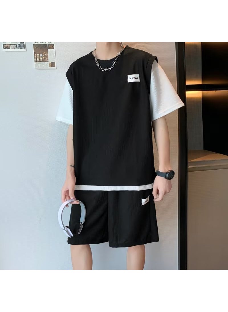 1 x 5 pcs Summer Trendy Harajuku Mens Fashion T-shirt Casual Sports Suit Grey