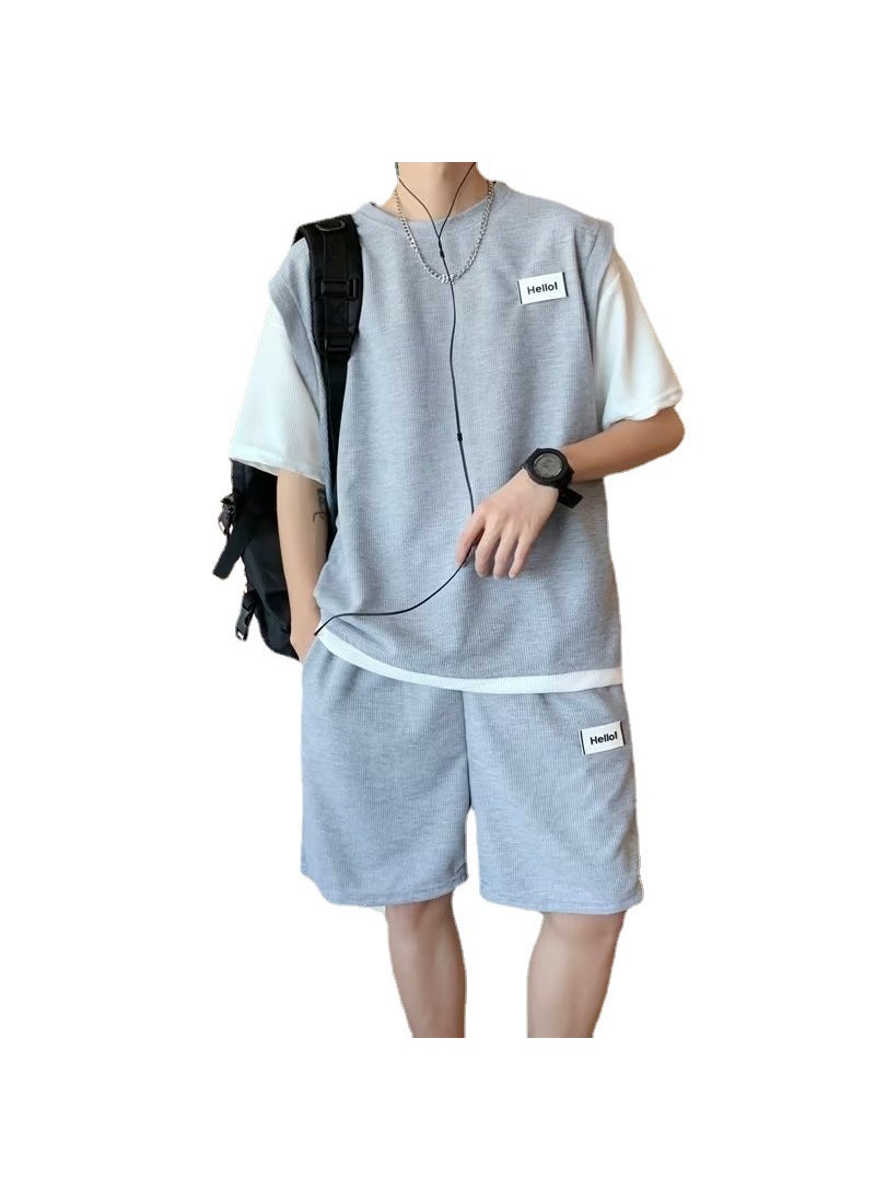 1 x 5 pcs Summer Trendy Harajuku Mens Fashion T-shirt Casual Sports Suit Grey