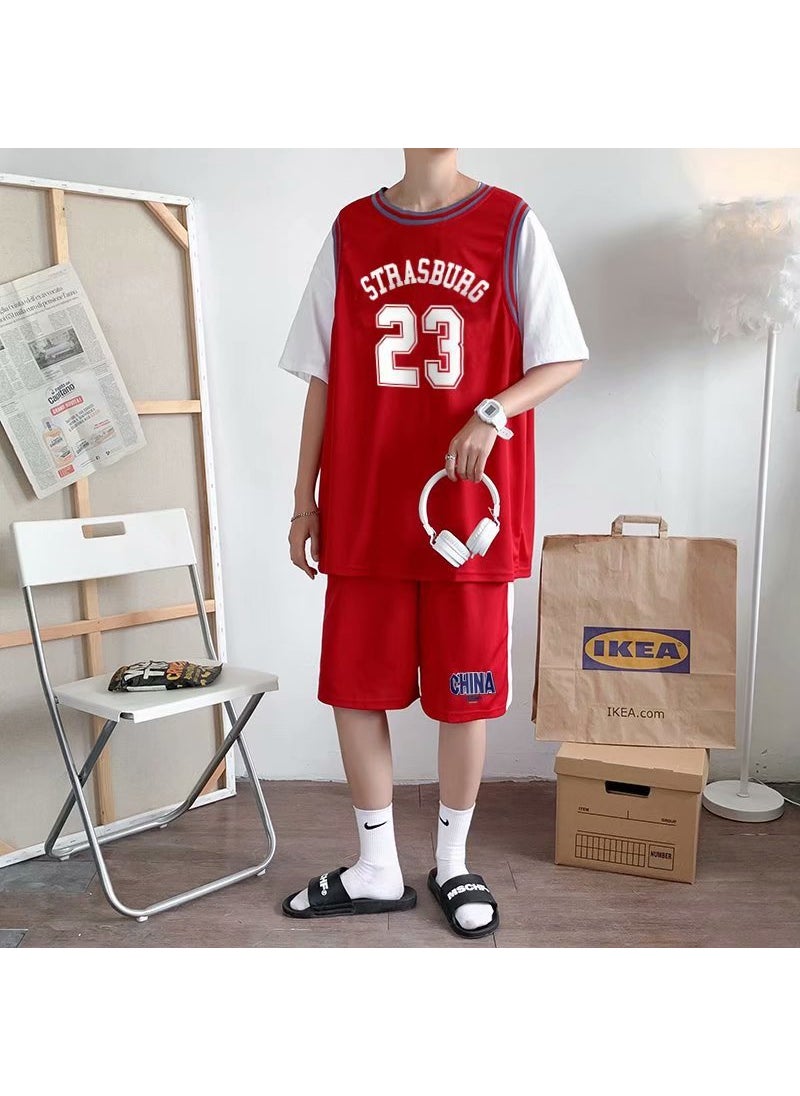 Mens Summer Basketball Kit 23 Sleeveless Top Shorts Set Red