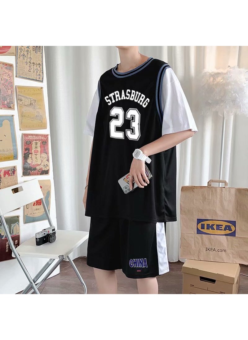 Mens Summer Basketball Kit 23 Sleeveless Top Shorts Set Black