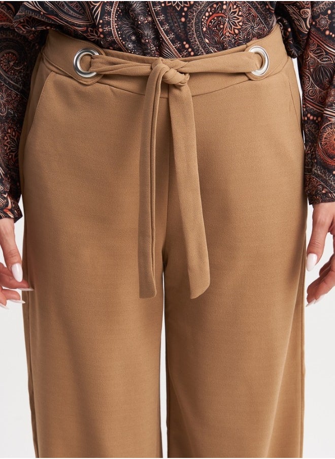 Elegant Wide-Leg Camel Trousers with Tie-Waist Detail for Women