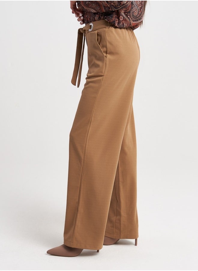 Elegant Wide-Leg Camel Trousers with Tie-Waist Detail for Women