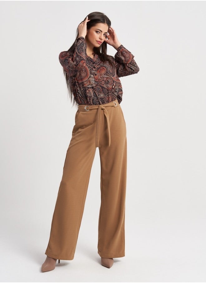 Elegant Wide-Leg Camel Trousers with Tie-Waist Detail for Women