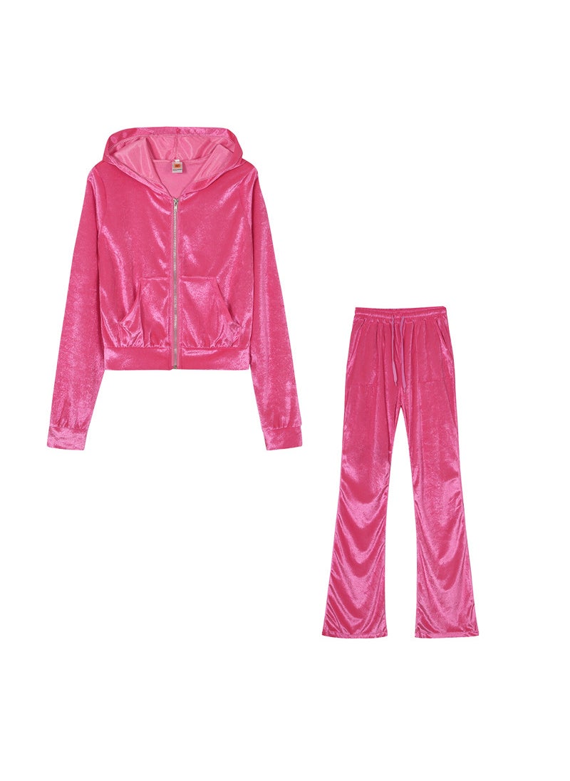 Velvet Hoodie  Wide Leg Pants Set Casual Womens Plus Size Pink