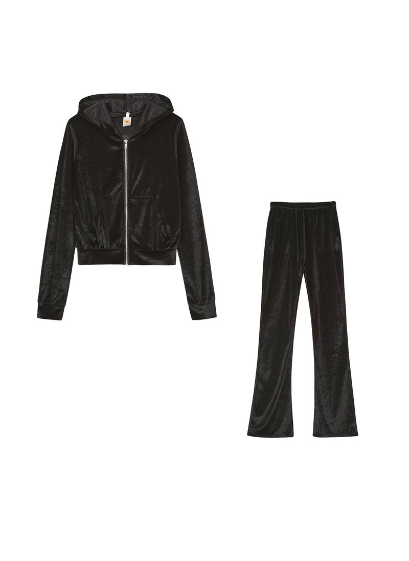 Velvet Hoodie  Wide Leg Pants Set Casual Womens Plus Size Coffee