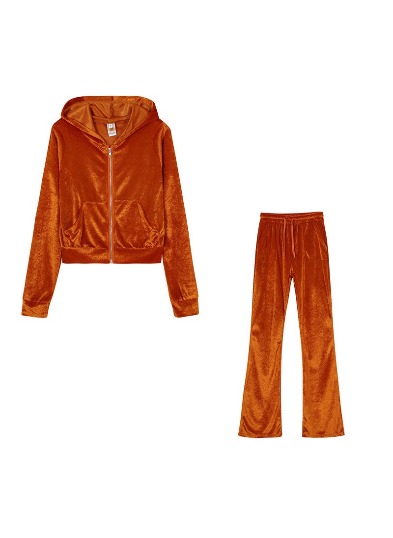 Velvet Hoodie  Wide Leg Pants Set Casual Womens Plus Size Orange