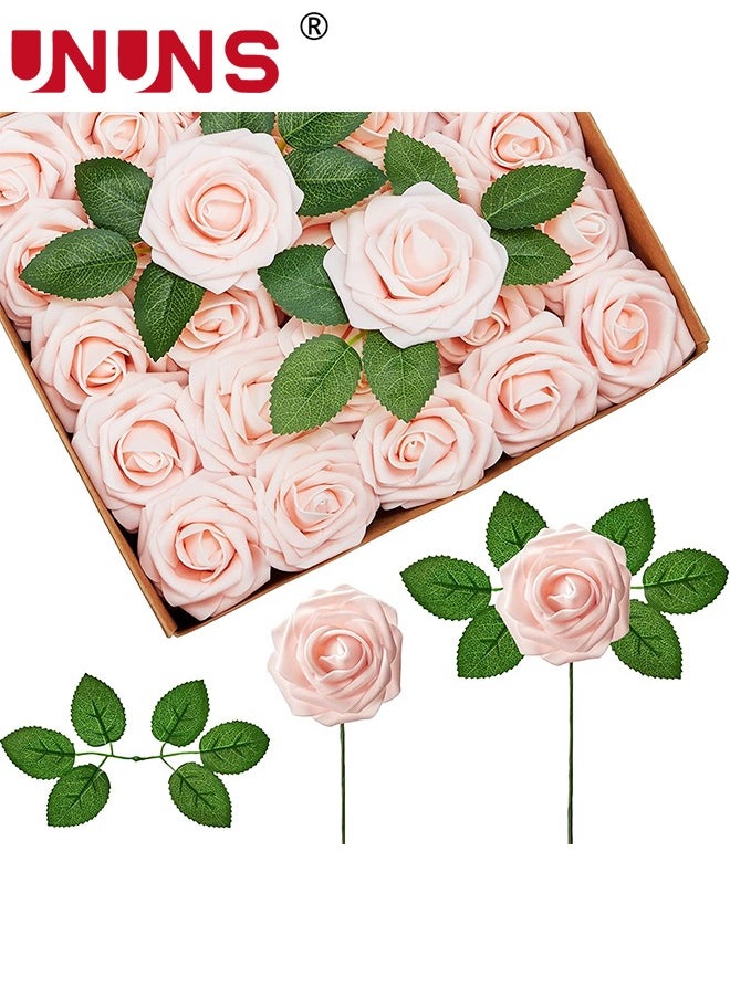 Artificial Flowers Real Looking,25 Pcs Fake Roses With Stems,Ealistic Fake Roses For DIY Wedding Bouquets,Floral Arrangements Party,Tables Home Decorations-Blush Pink