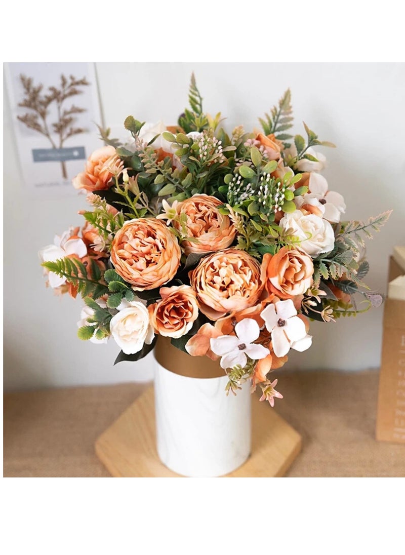 Artificial Flowers, Fake Peony Silk Hydrangea Flower Bouquet Fall Rose Flowers, Wedding Bouquets Flowers Party Bridal  Home Decorations Silk Flowers (Orange)